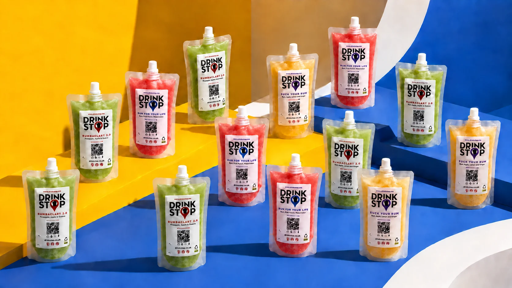 A colourful lineup of DRINK STOP frozen cocktail pouches